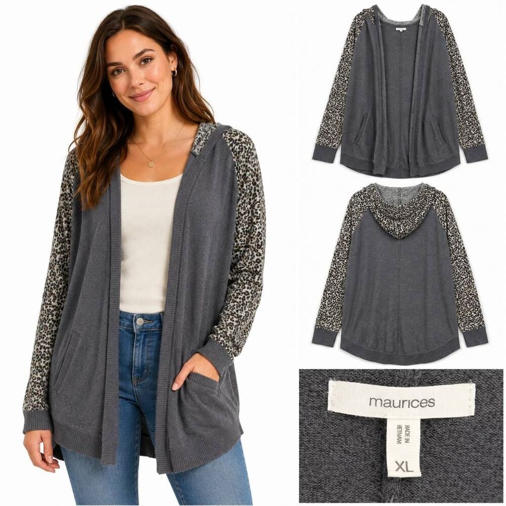 Maurices XL Leopard Sleeve Hooded Open Cardigan